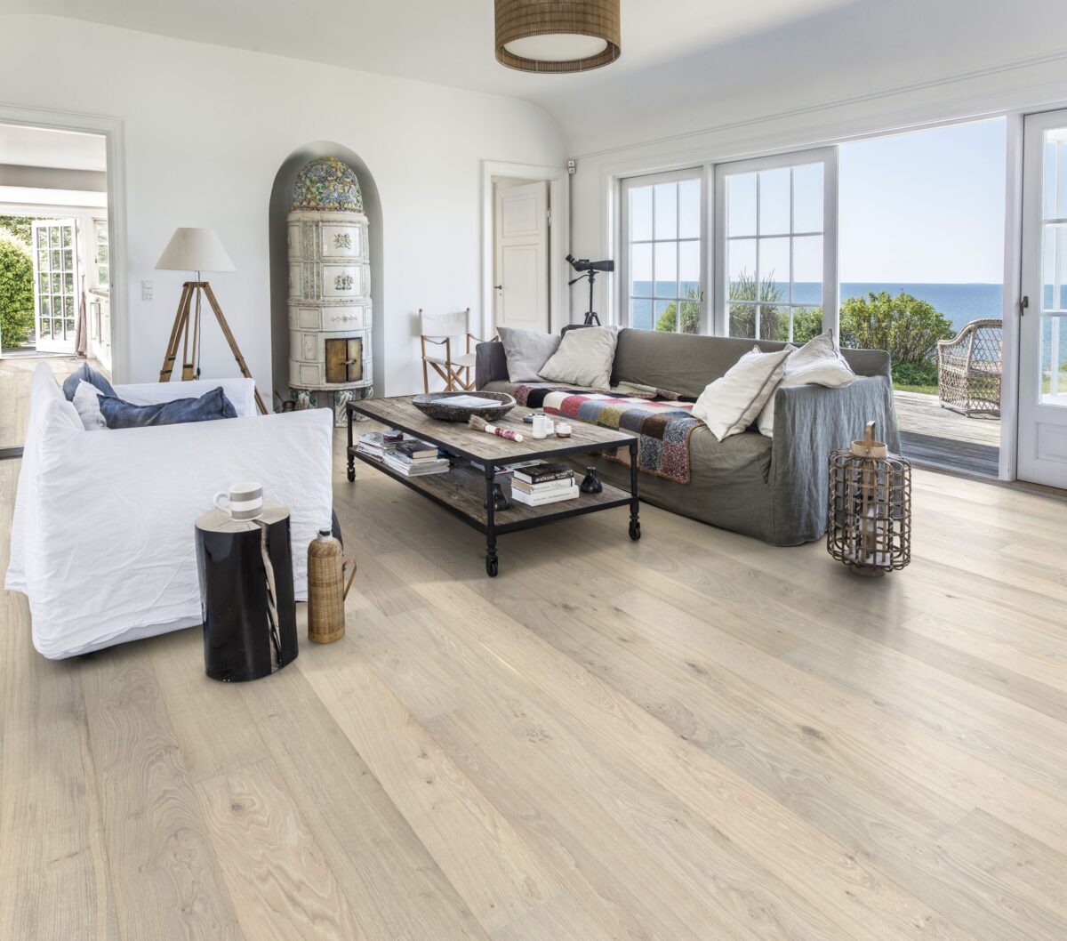 Decorated indoor room with Kahrs Oak Nouveau Blonde Prefinished Hardwood.