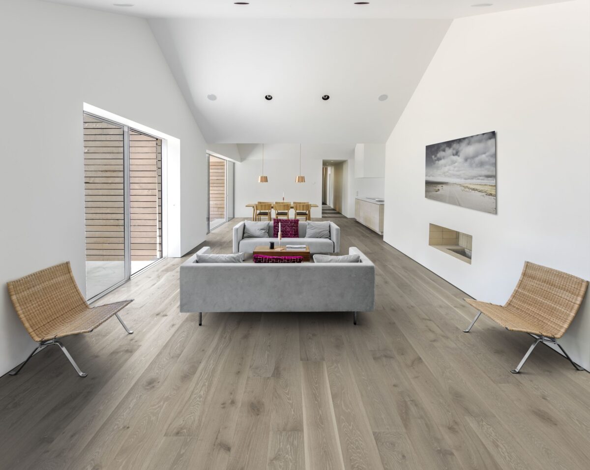 Decorated indoor room with Kahrs Oak Nouveau Gray Prefinished Hardwood.