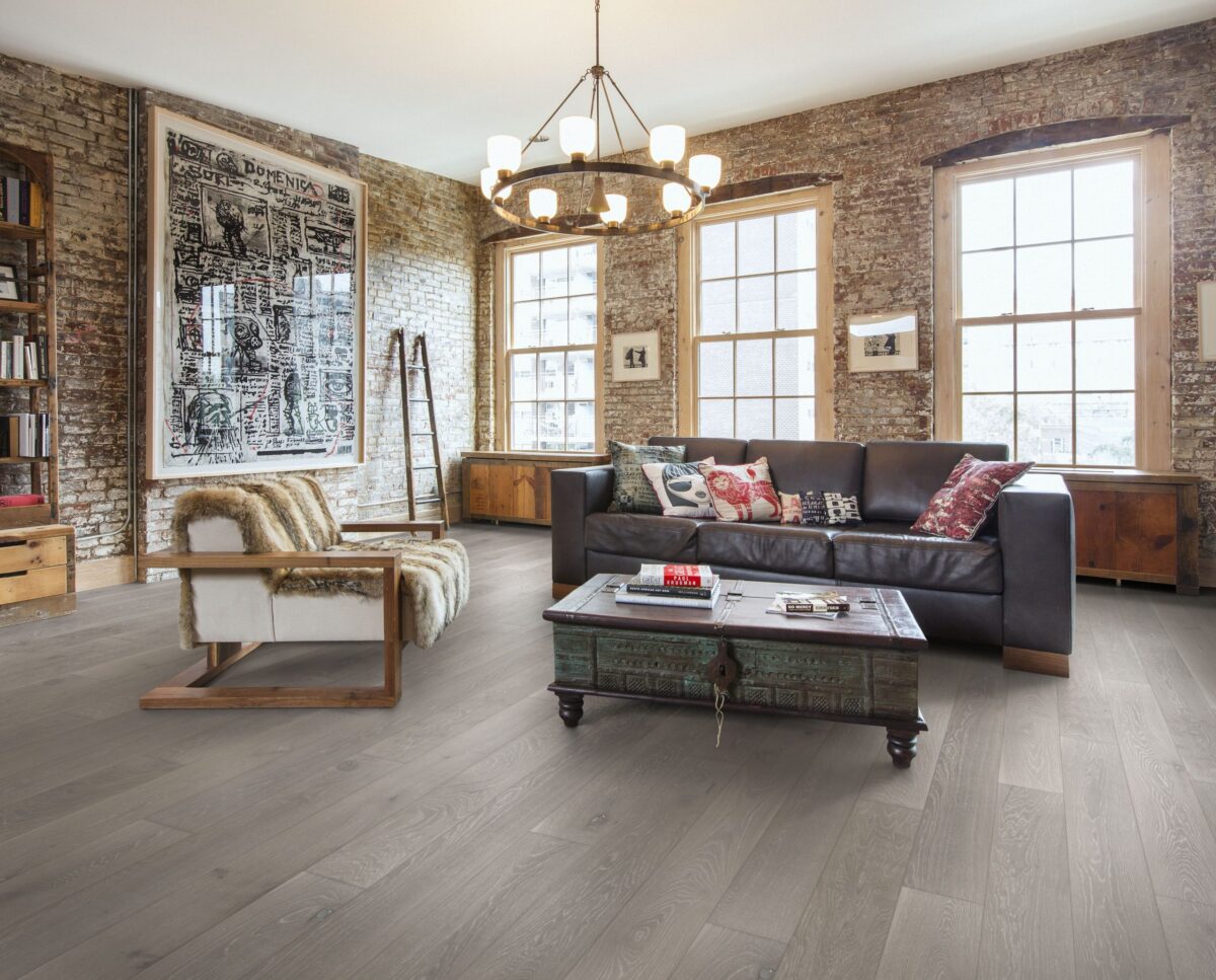 Decorated indoor room with Kahrs Oak Nouveau Taupe Prefinished Hardwood.