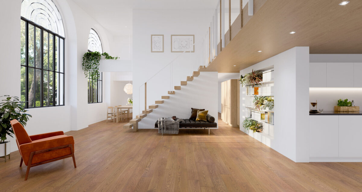 Decorated indoor space with Appalachian Angora White Oak Excel Prefinished Hardwood.