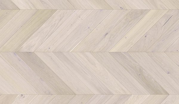 Close up of Barlinek Oak Trivor Chevron Prefinished Hardwood.