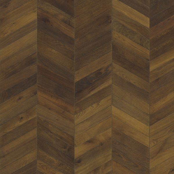 Close up of Kahrs Chevron Dark Brown Prefinished Hardwood.