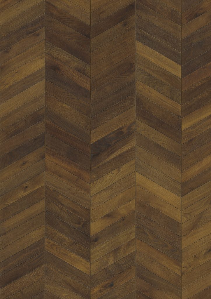 Close up of Kahrs Chevron Dark Brown Prefinished Hardwood.