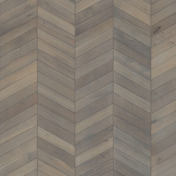 Close up of Kahrs Chevron Grey Prefinished Hardwood.