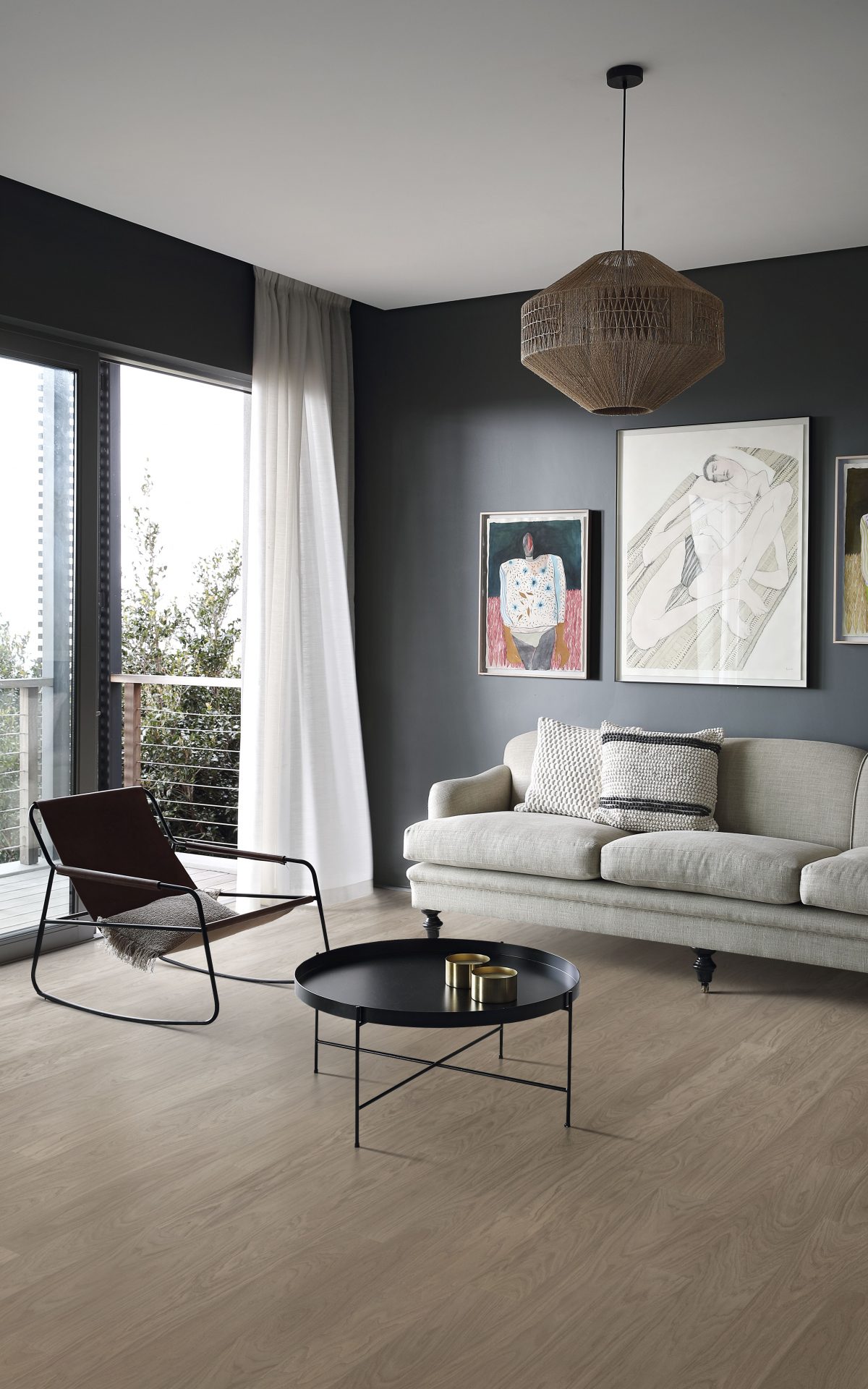 Decorated living room with Kahrs Earl Grey Wide Prefinished Hardwood.