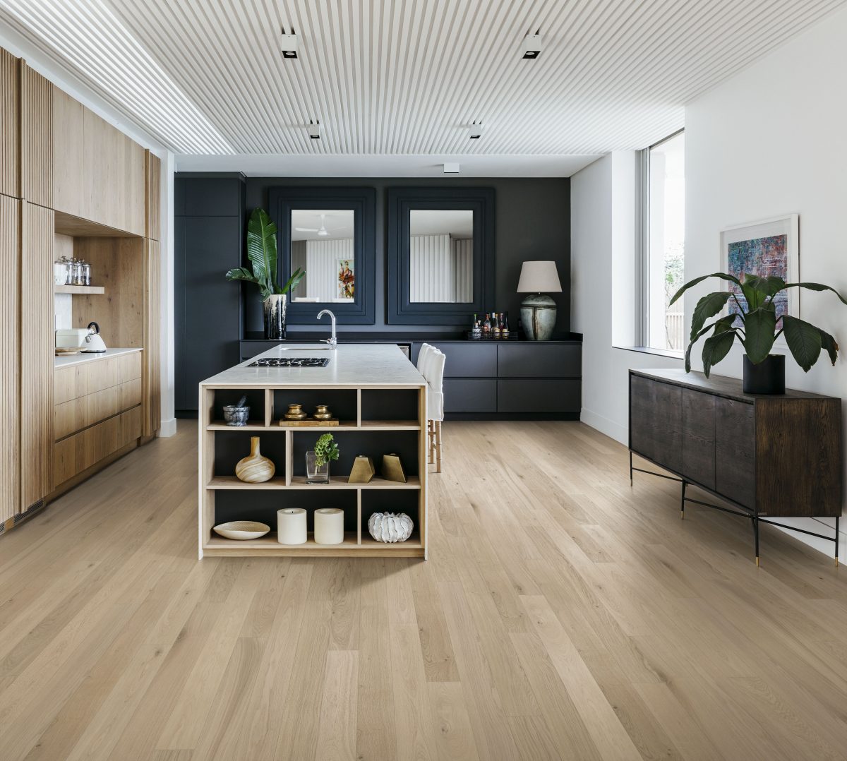 Decorated kitchen space with Kahrs Oak Fawn Prefinished Hardwood.