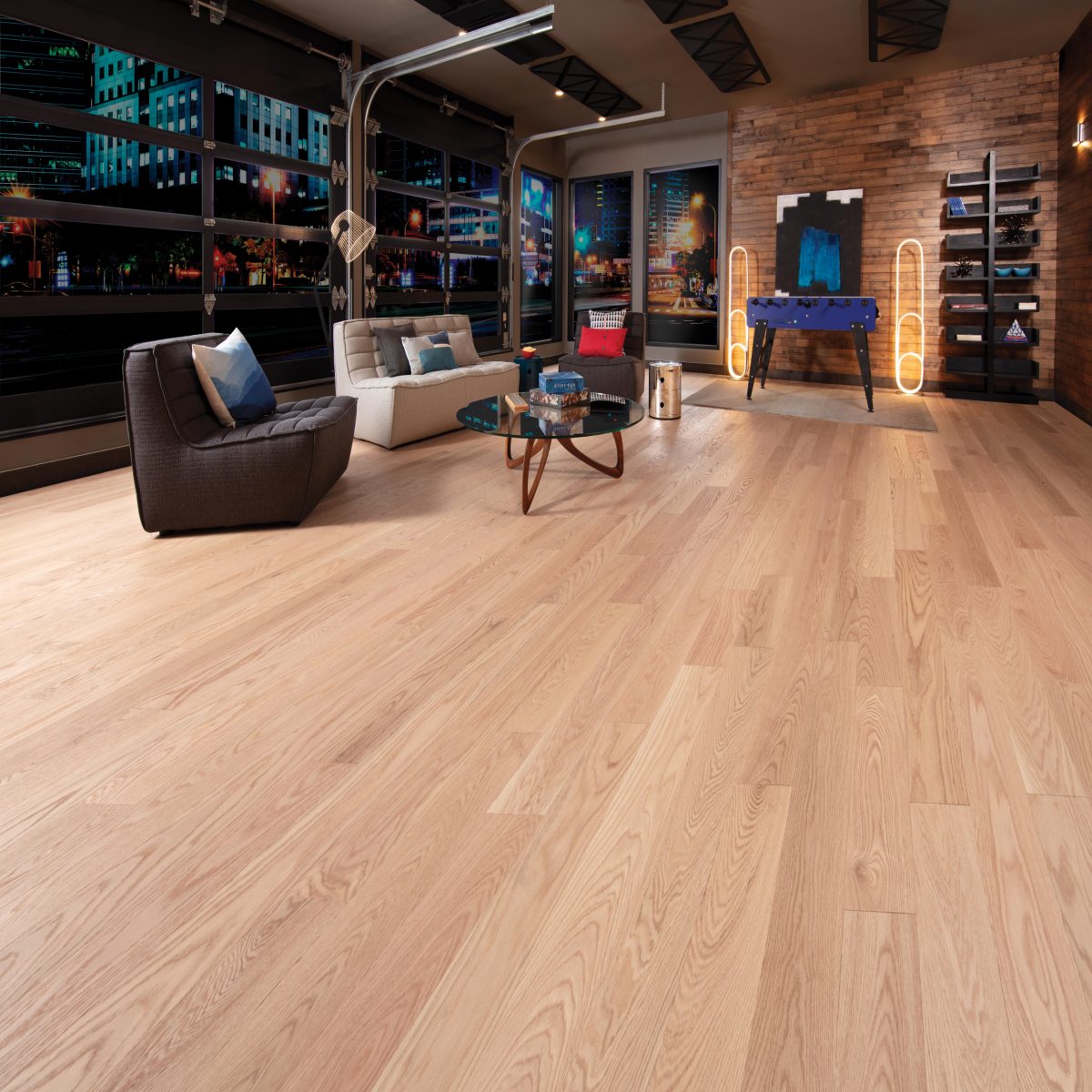 Decorated living room with Mirage Red Oak Natural Exclusive Brushed Prefinished Hardwood.