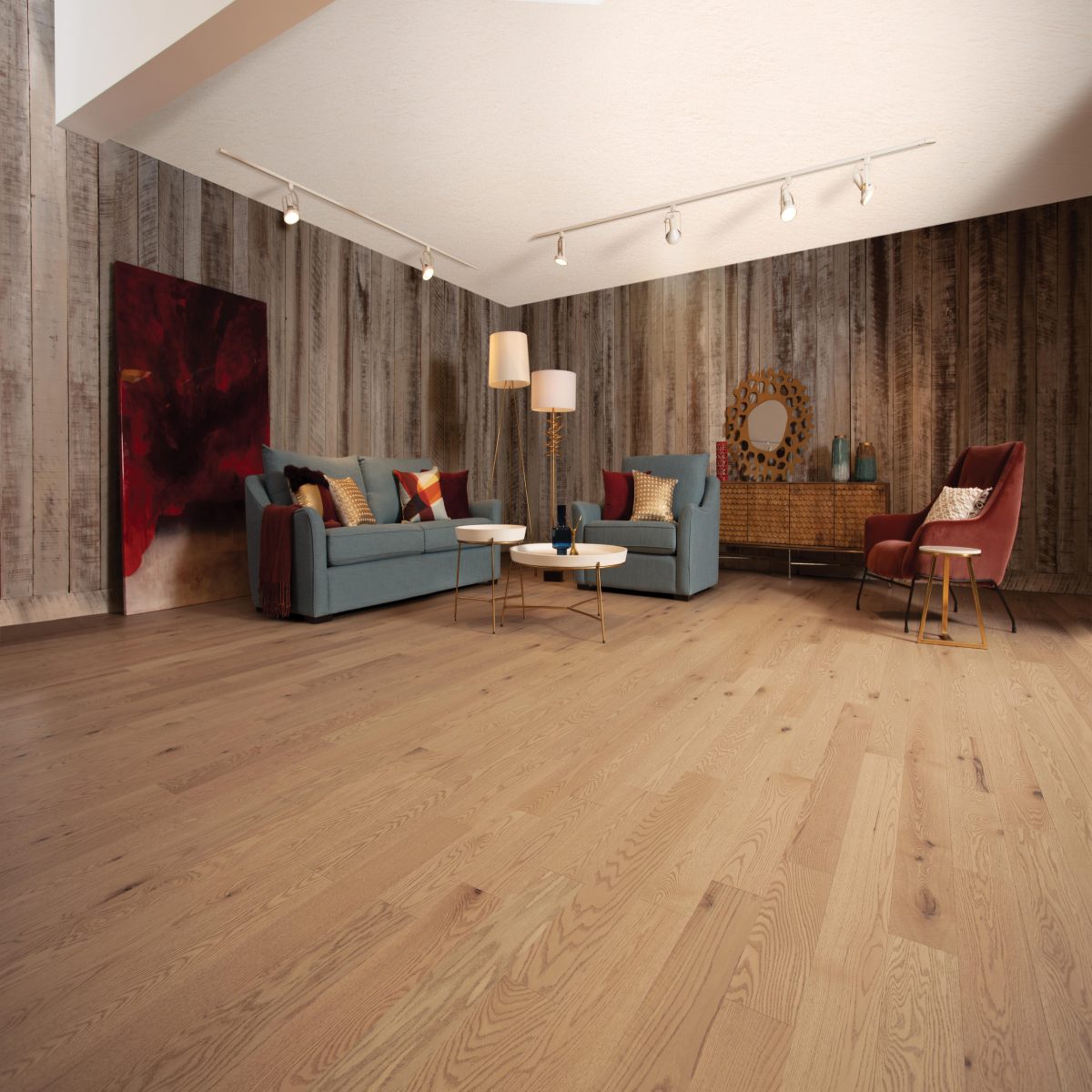 Decorated living room with Mirage Red Oak Paddle Ball Character Brushed Prefinished Hardwood.