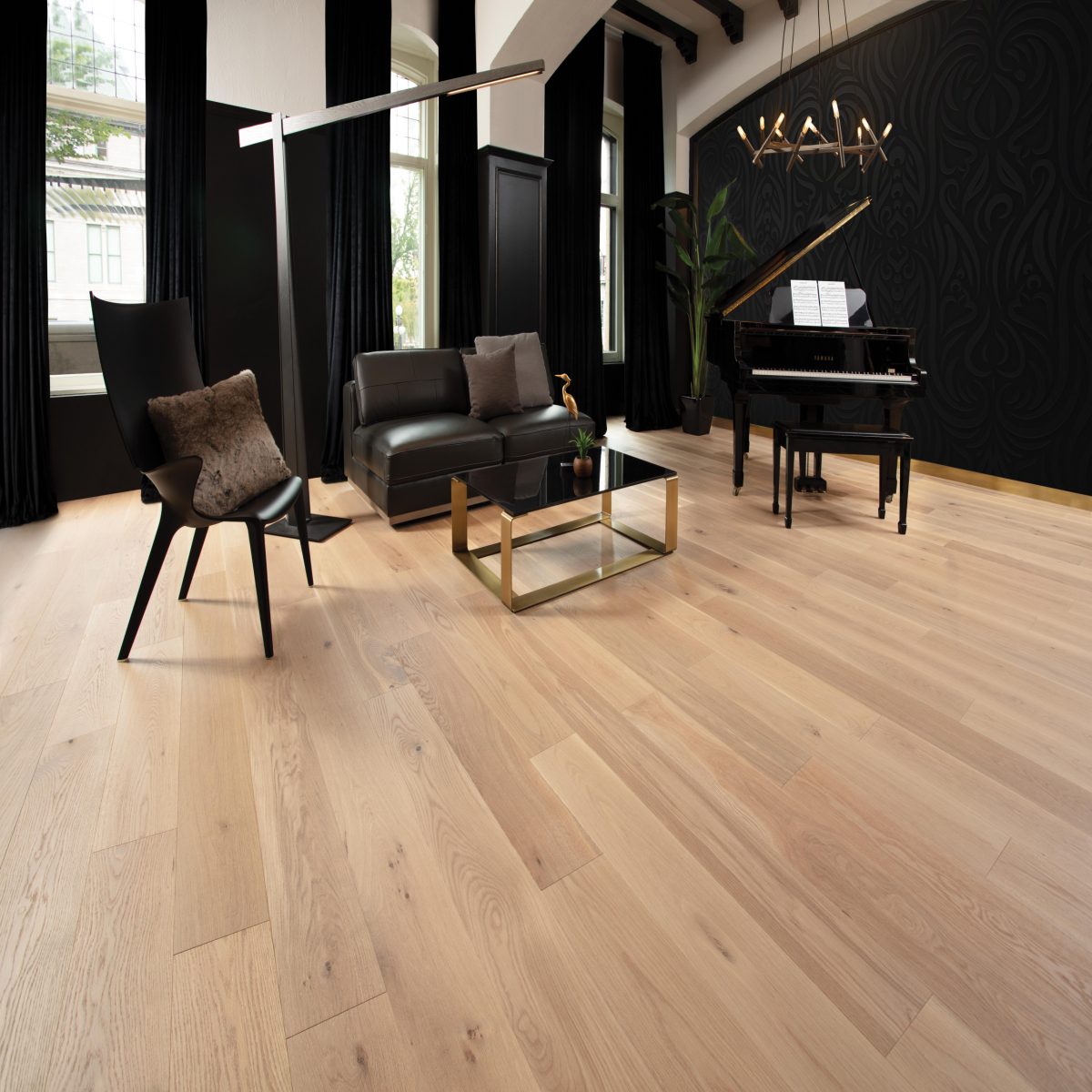 Decorated living room with Mirage White Oak Rocking Horse Character Brushed Prefinished Hardwood.