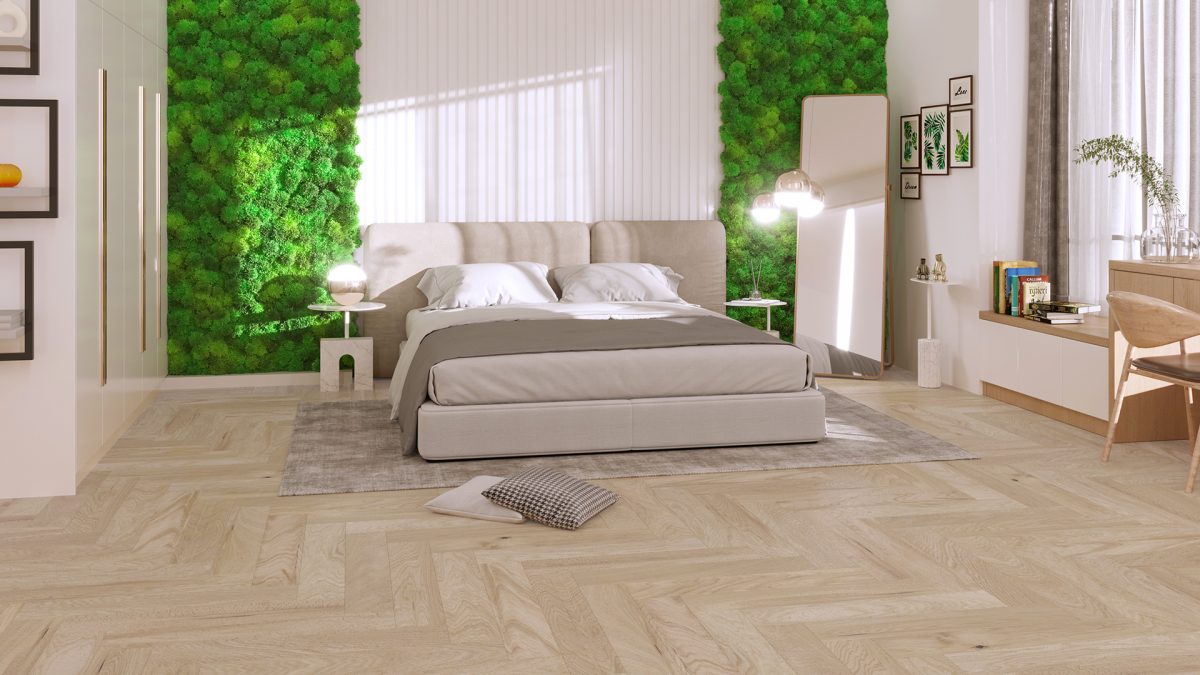 Decorated bedroom space with Barlinek Oak Balos Herringbone Prefinished Hardwood.