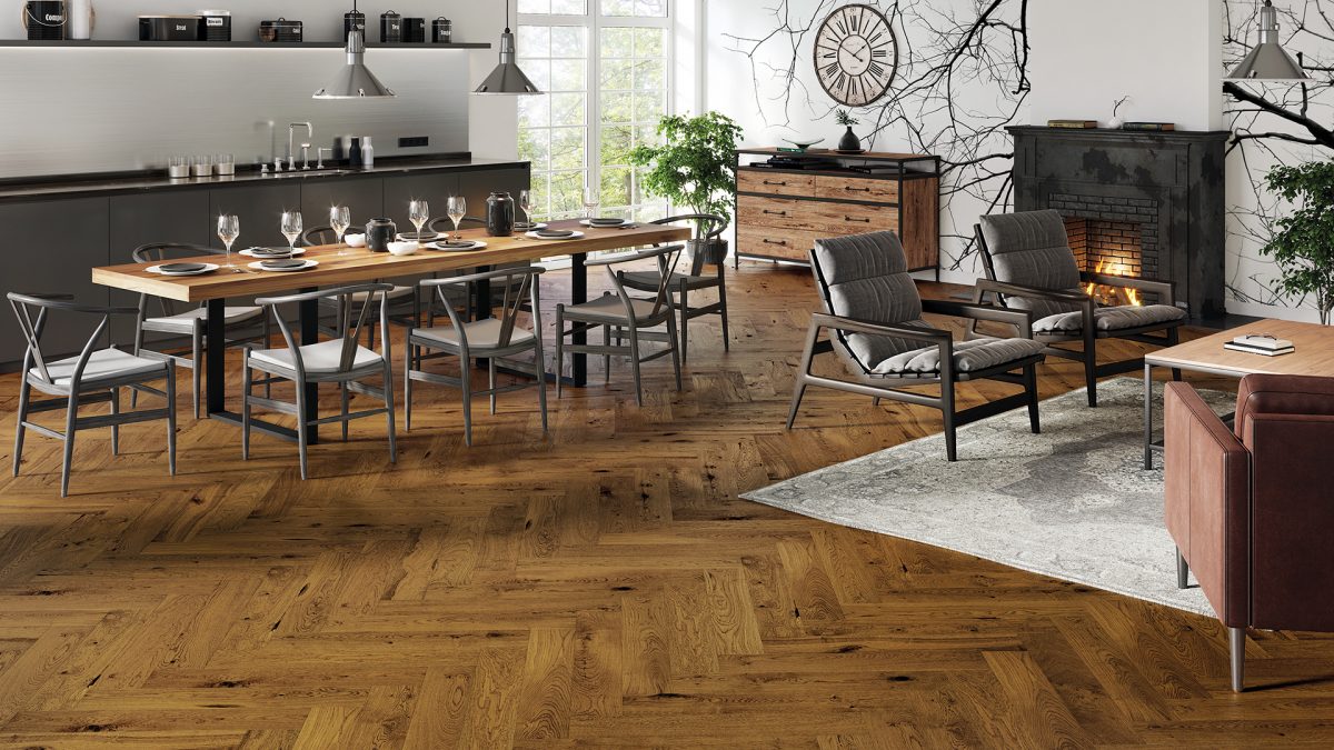 Decorated dining space with Barlinek Oak Brown Sugar Prefinished Hardwood.