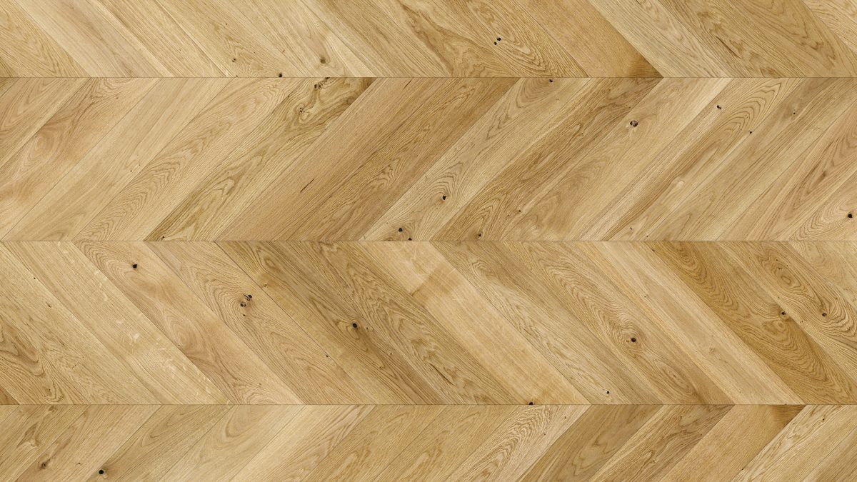 Close up of Barlinek Oak Caramel Chevron Prefinished Hardwood.