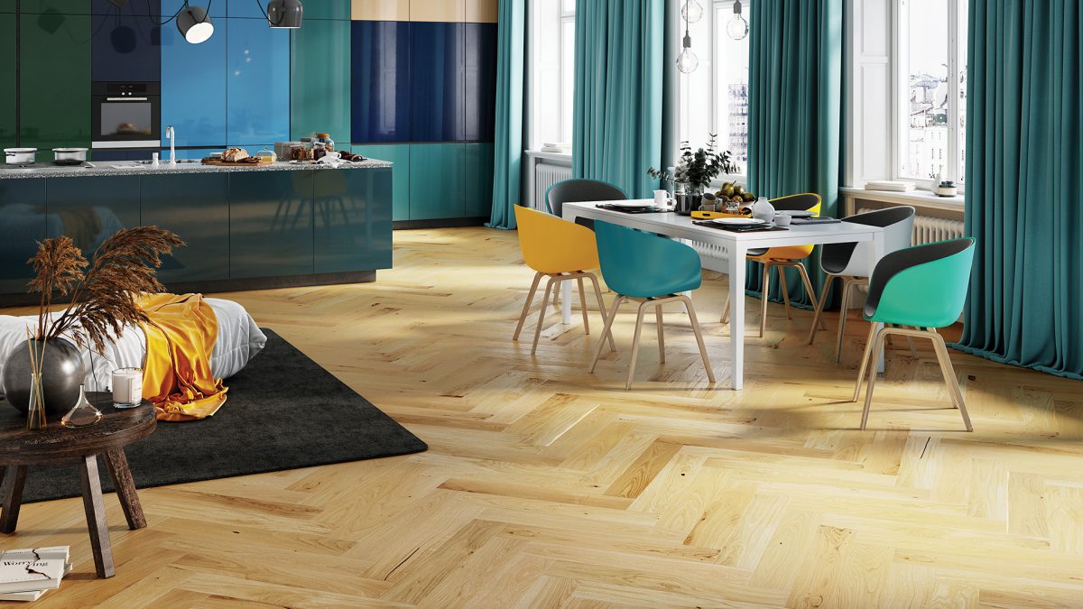 Decorated dining space with Barlinek Oak Caramel Herringbone Prefinished Hardwood.