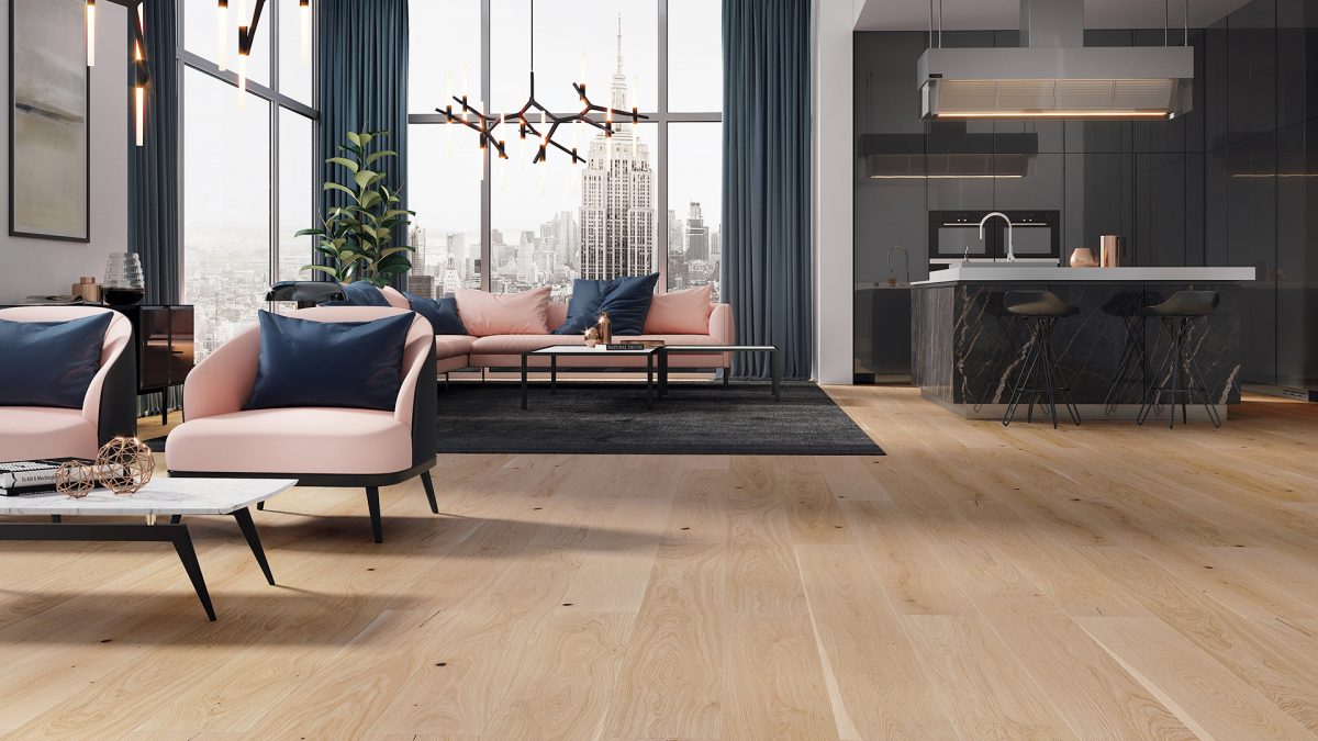 Decorated indoor room with natural lighting and Barlinek Oak Castagnole Prefinished Hardwood.