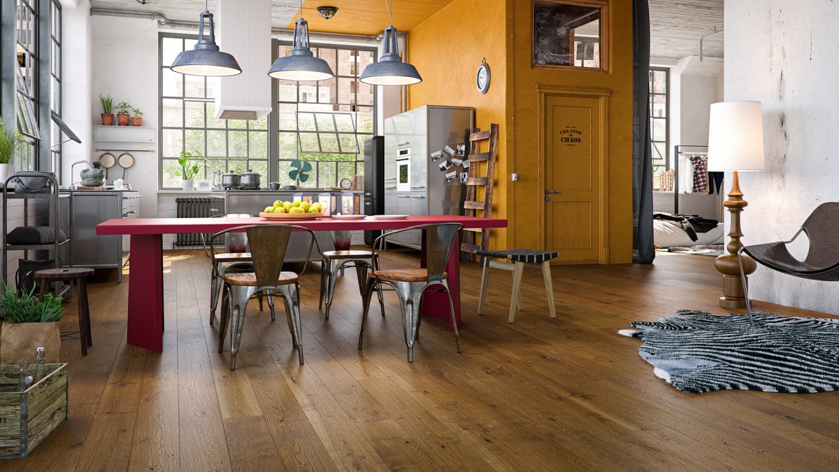 Decorated dining space with Barlinek Oak Chocolate Prefinished Hardwood.