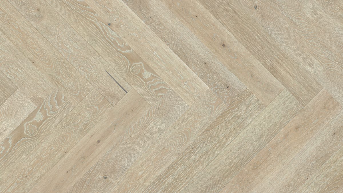 Close up of Barlinek Oak Grissini Herringbone Prefinished Hardwood.