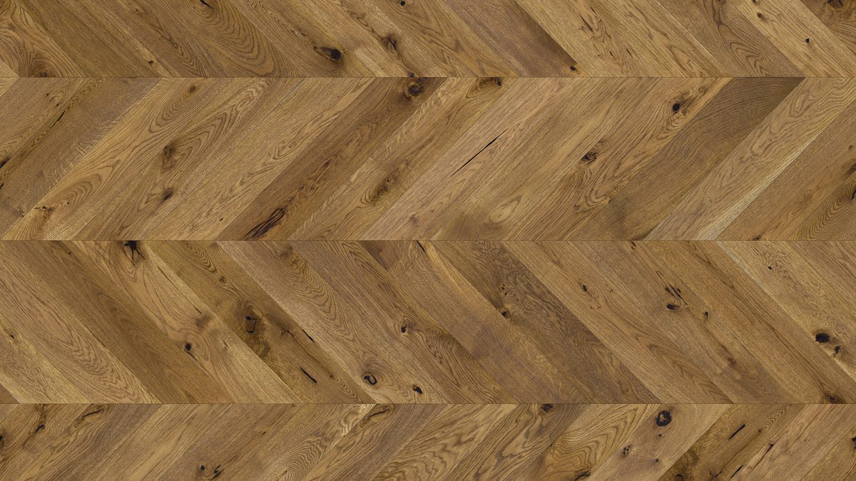 Close up of Barlinek Oak Mainland Chevron Prefinished Hardwood.