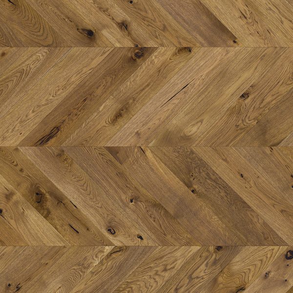 Close up of Barlinek Oak Mainland Chevron Prefinished Hardwood.