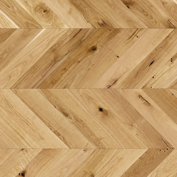 Close up of Barlinek Oak Raisins Chevron Prefinished Hardwood.