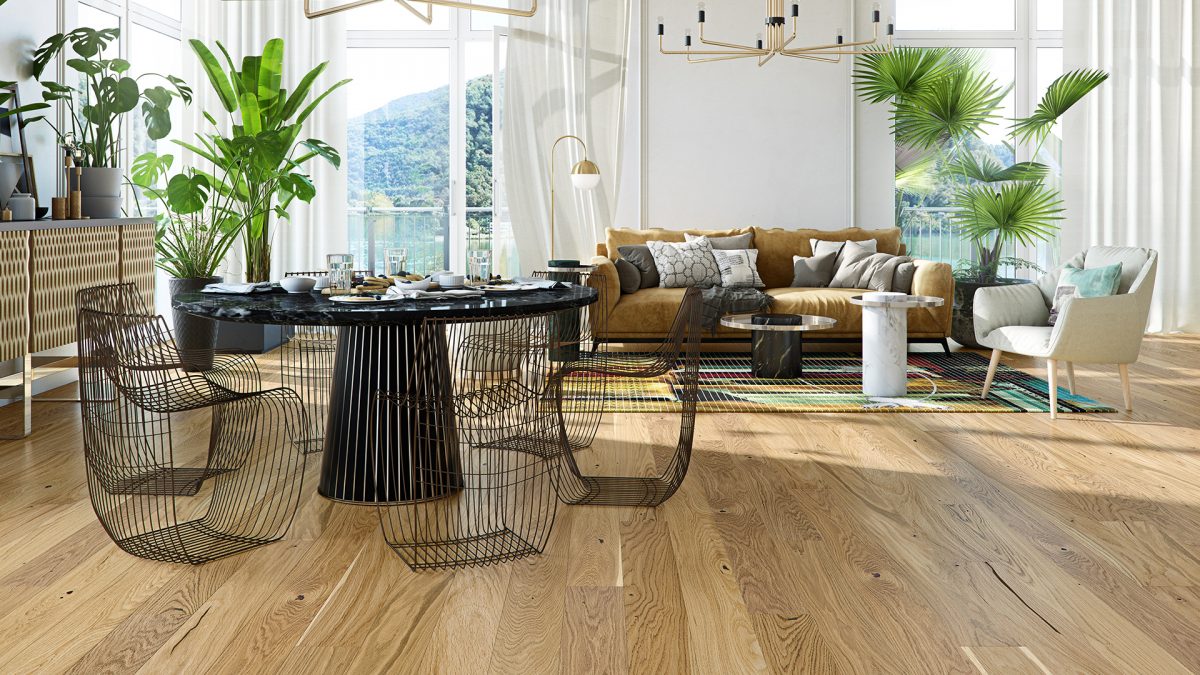 Decorated indoor room with natural lighting and Barlinek Oak Scone Prefinished Hardwood.