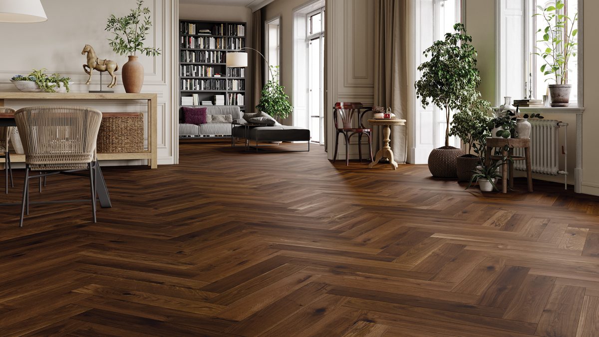 Decorated indoor space with Barlinek Oak Trapani Herringbone Prefinished Hardwood.