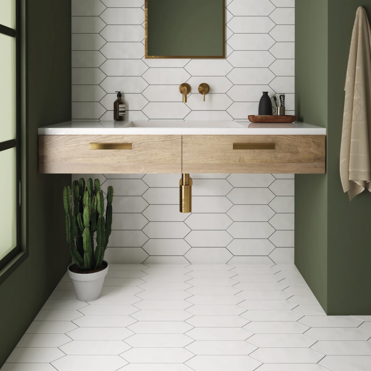 Decorated bathroom space with Equipe White Elongated Hex Tiles And Stone.