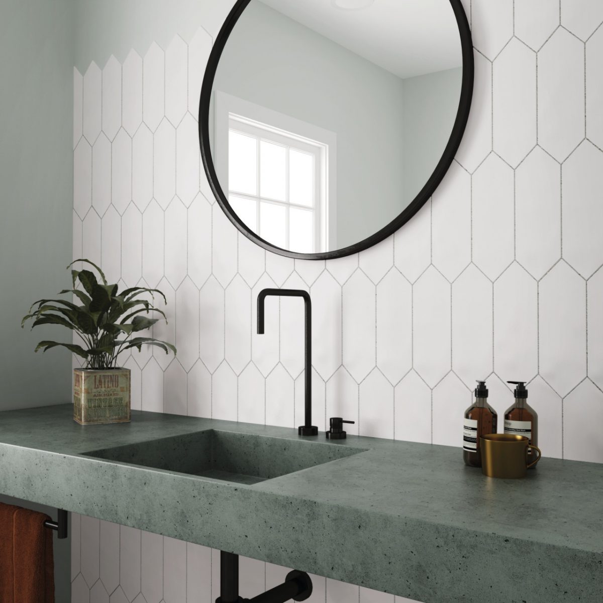 Decorated bathroom vanity with Equipe White Elongated Hex Tiles And Stone.