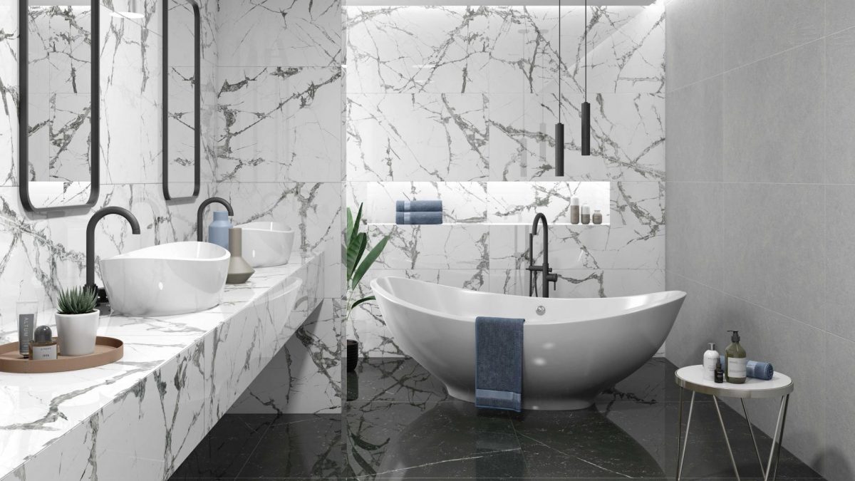 Decorated bathroom space with Pamesa Lux Iceberg White Tiles And Stone.