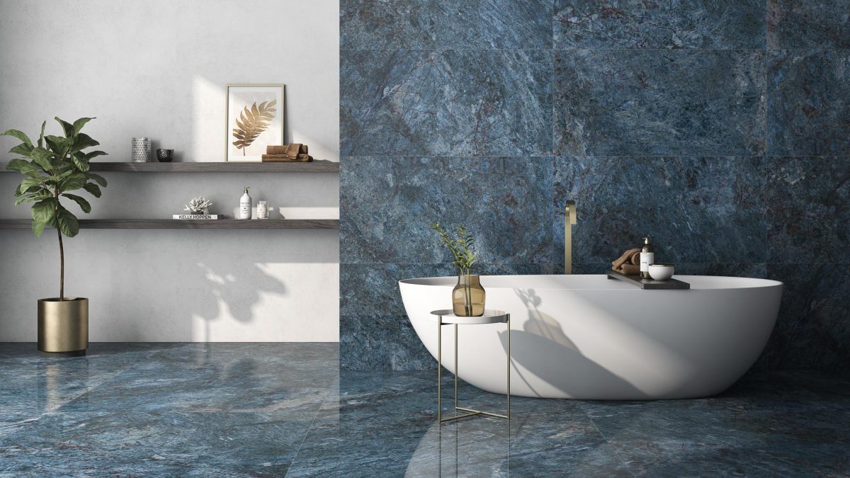 Decorated bathroom space with Pamesa Lux Kionia Azzurro Tiles And Stone.