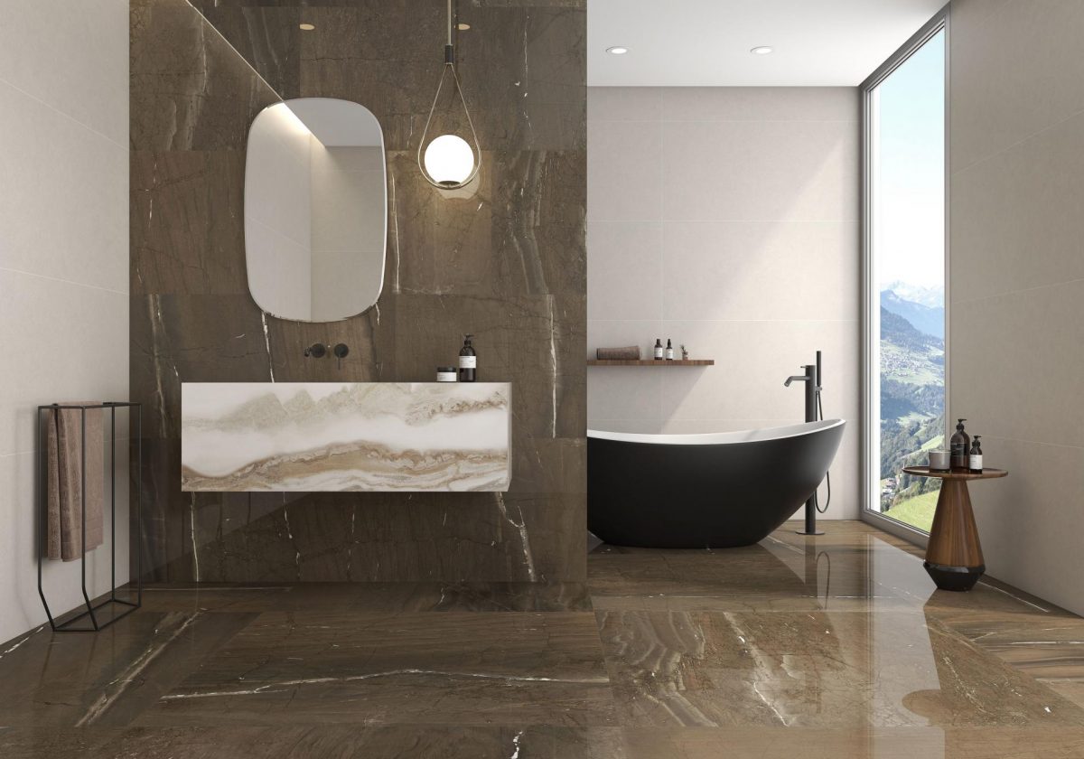 Decorated bathroom space with Pamesa XXL Jatoba Brown Pulido Tiles And Stone.