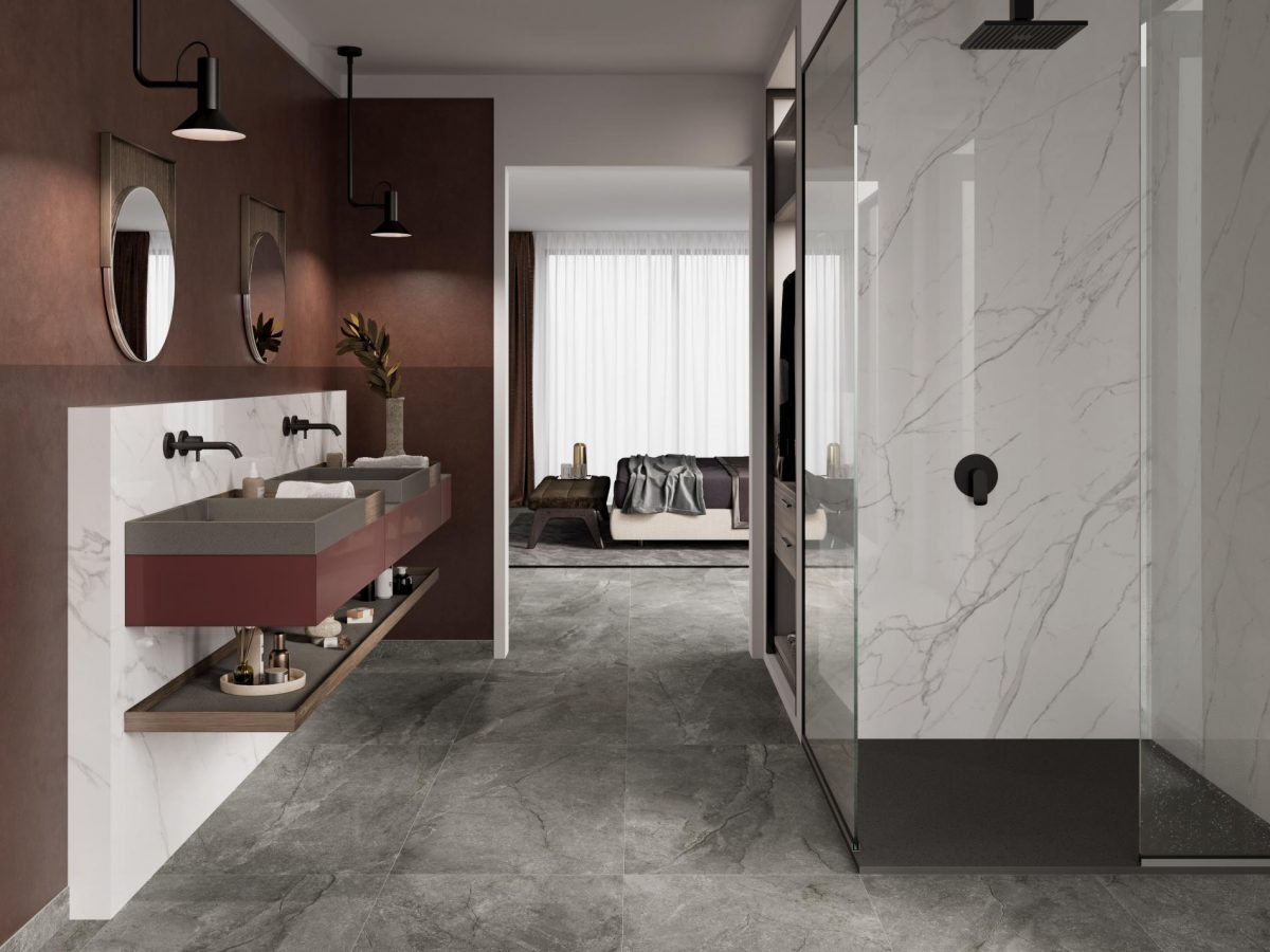 Decorated bathroom space with Pamesa XXL Lincoln White Pulido Tiles And Stone.