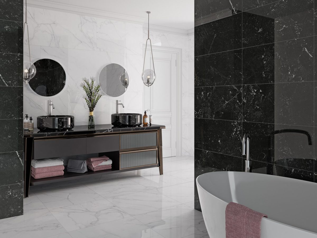 Decorated bathroom bathtub with Pamesa Lincoln White Pulido Tiles And Stone.