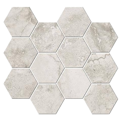 Close up of Cisa Icon Cross Cut Greige Hexagon Mosaic Tiles And Stone.