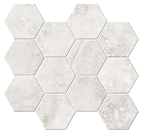 Close up of Cisa Icon Cross Cut White Hexagon Mosaic Tiles And Stone.