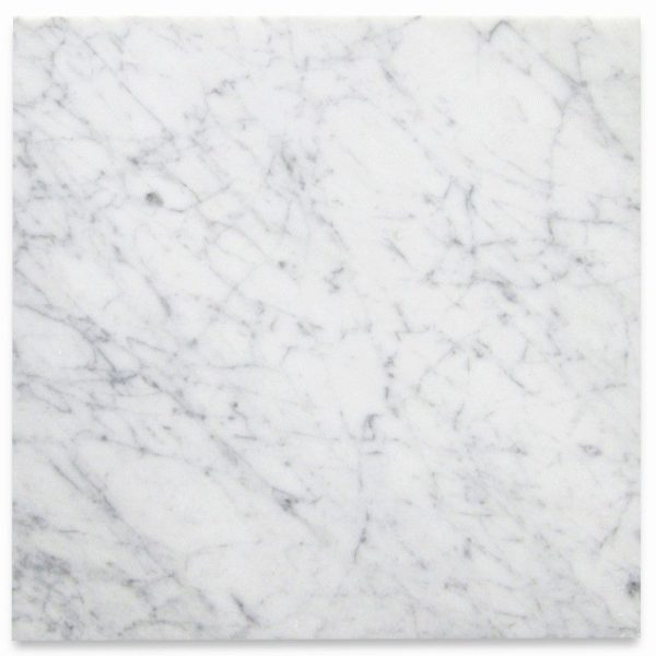 Close up of Natural Stone White Carrara Polished 12x12 Tiles And Stone.