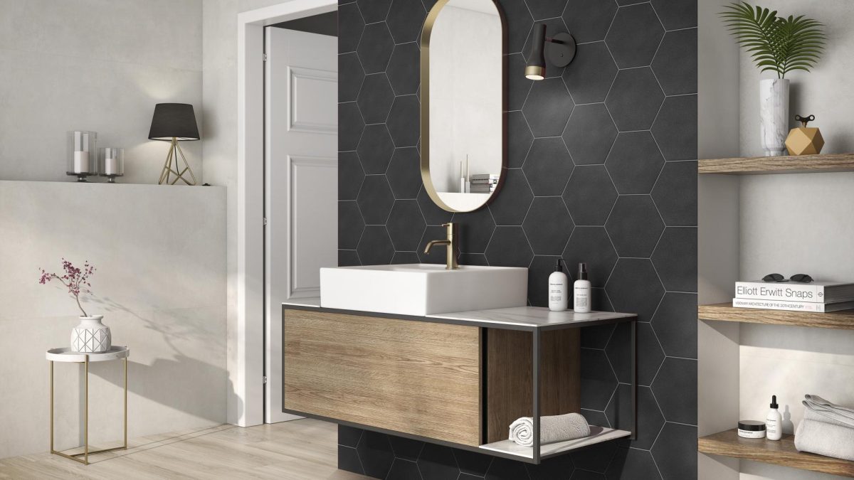 Decorated bathroom vanity with Pamesa Mayfair Hex Grafito Tiles And Stone.