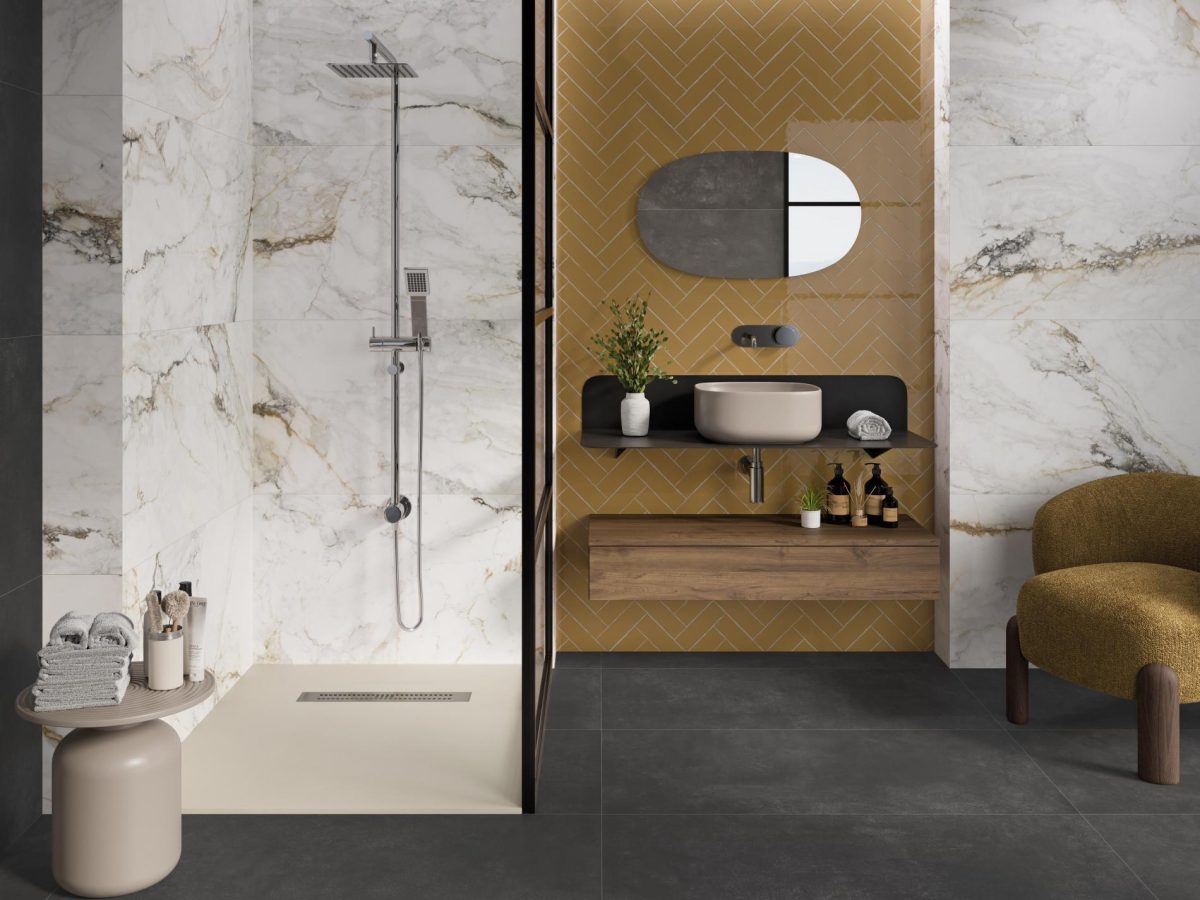 Decorated bathroom space with Pamesa Pisa Gold Tiles And Stone.